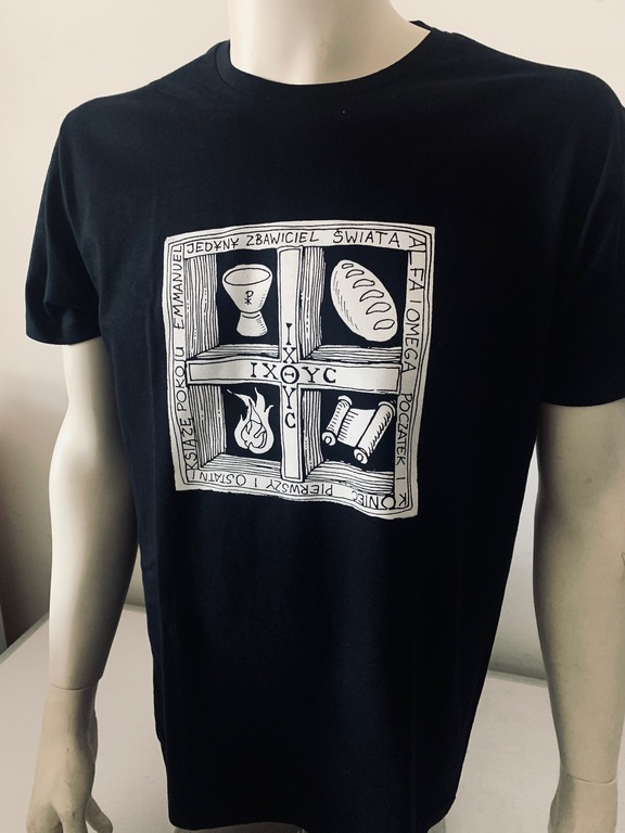 koszulka chrześcijańska z nadrukiem - w oknie kielich, chleb, Duch i Słowo, czarna