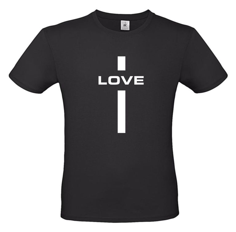 koszulka chrześcijańska z grafiką krzyża i słowem LOVE